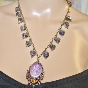 Statement Crystal Cameo Antique Gold Necklace Chain w Extender
